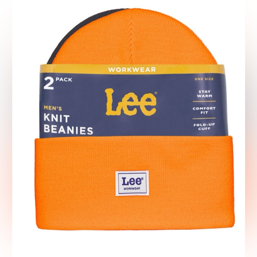 Men’s 2 Pack Acrylic Knit Work Beanies Jet Black & Vibrant Orange Fold Up Cuff